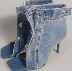Denim Pointed-Toe Stiletto Bootie with Silver Button Accents..3.35 Inches
